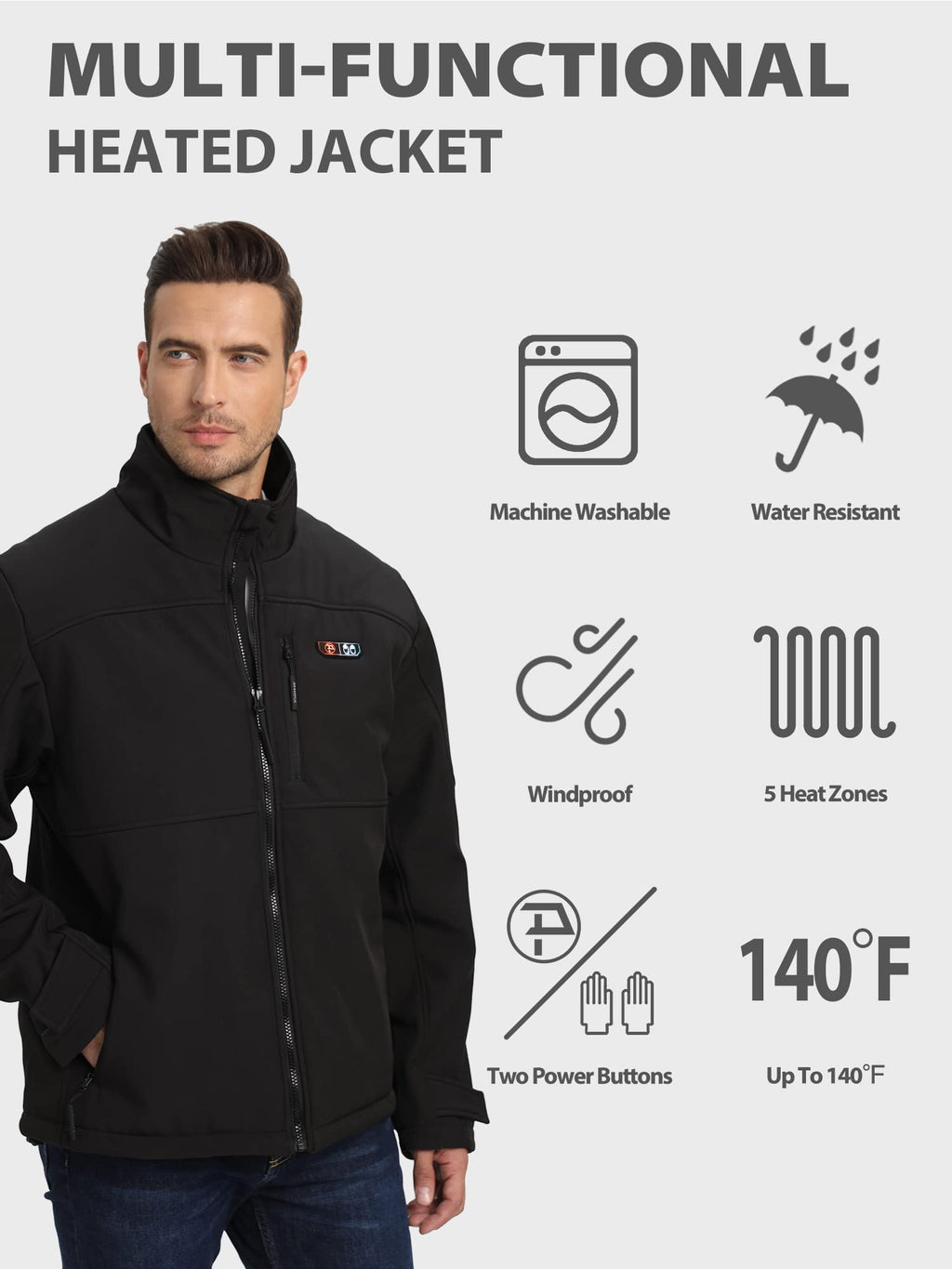 Men's Heated Jacket: 5 Zones + Battery + Hand Warmers